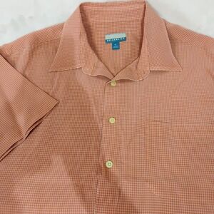 Breakwater Mens XL Short Sleeve Button Down Shirt Orange Grid Modal Rayon